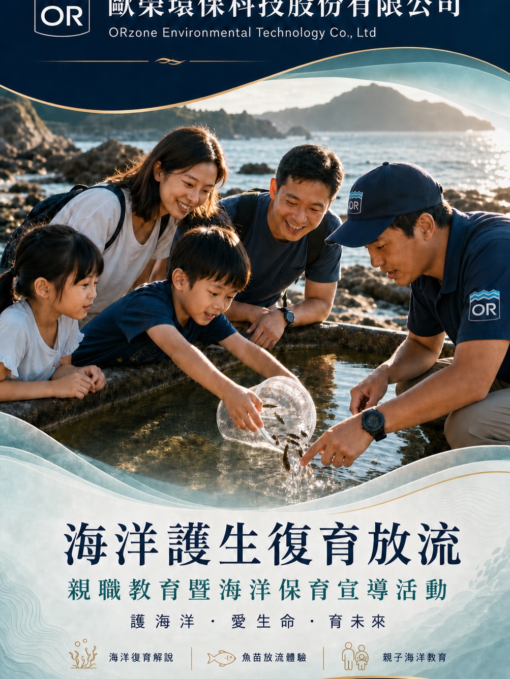 親子一同在潮間帶進行海洋護生放流活動